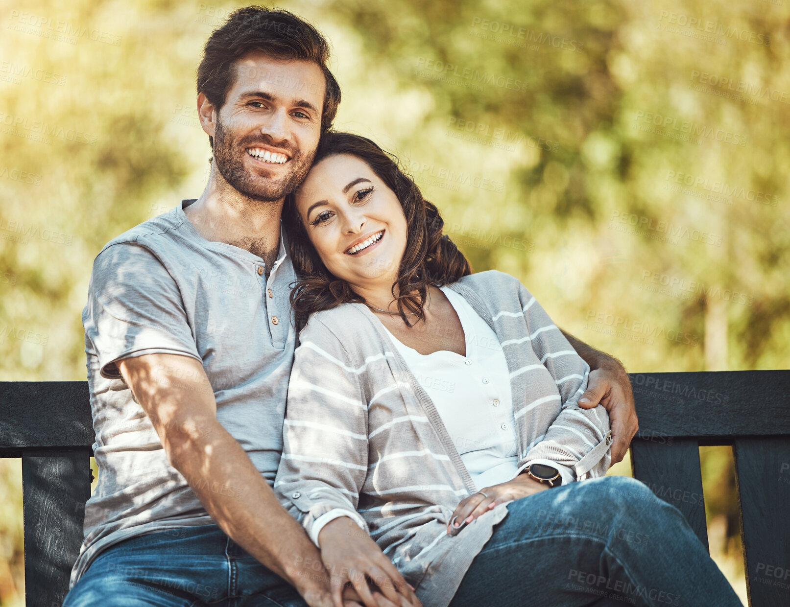 Buy stock photo Love, happy and portrait of a couple in a park to relax, be calm and caring in Australia. Summer, freedom and carefree man and woman with affection, smile and happiness in nature for valentines day