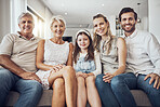 Portrait, generations and family on sofa, smile and relax on break, bonding together and in living room. Face, grandparents and mother with father, daughter and on couch for quality time or happiness