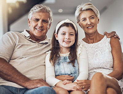 Buy stock photo Smile, portrait or grandparents hug a girl in living room bonding as a family in Australia with love. Retirement, happy or elderly man relaxing old woman with child at home together on fun holiday 