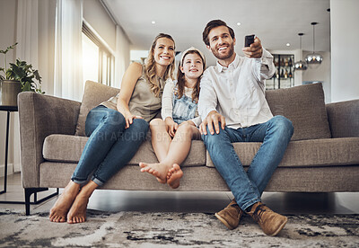 Buy stock photo Girl, mother or father watching tv to relax as a happy family in living room bonding in Australia with love. Television, sofa or parents smile with kid enjoying quality time or movies on fun holiday