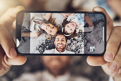 Buy stock photo Portrait, phone or parents with a girl on a selfie screen as a happy family on living room carpet in Australia. Mother, father or child relaxing with a smile love bonding time or taking pictures