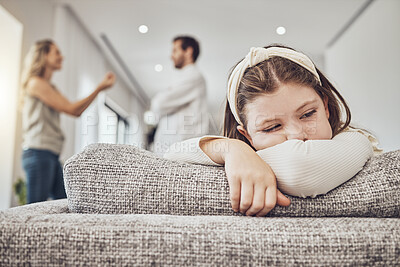 Buy stock photo Sad little girl, sofa and parents in conflict, disagreement or fight in the living room at home. Family, divorce and husband in argument with wife and unhappy child on lounge couch in depression