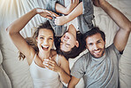 Happy family relax together, parents and child in bed on the weekend, break with love, care and bonding at home. Portrait, happiness and joy, man, woman and girl laugh and peace with quality time