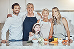 Love, kitchen portrait and big family cooking, bonding and enjoy quality time together in Sydney Australia. Holiday vacation, food ingredients and happy reunion of children, parents and grandparents