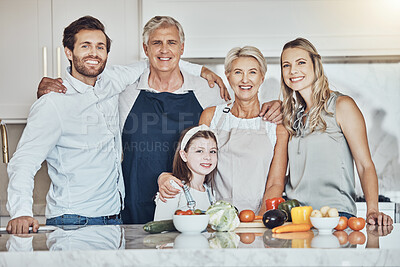 Buy stock photo Love, kitchen portrait and big family cooking, bonding and enjoy quality time together in Sydney Australia. Holiday vacation, food ingredients and happy reunion of children, parents and grandparents