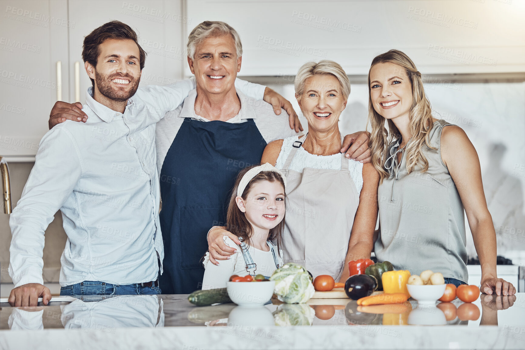Buy stock photo Love, kitchen portrait and big family cooking, bonding and enjoy quality time together in Sydney Australia. Holiday vacation, food ingredients and happy reunion of children, parents and grandparents