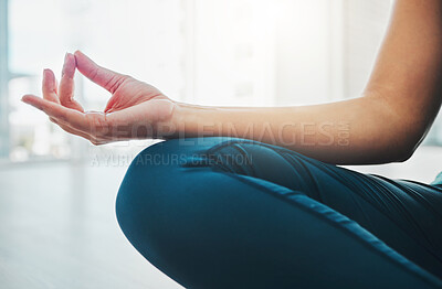 Buy stock photo Closeup, hand and woman with meditation, yoga and peace for balance, wellness and healthy lifestyle. Zoom, female yogi and lady in position, pilates training and posture to relax, fitness and calm