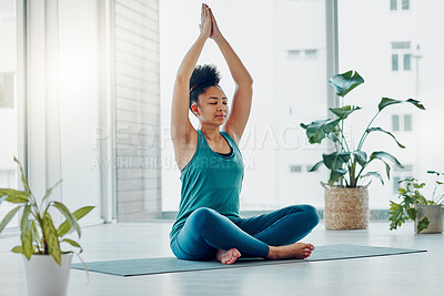 Buy stock photo Yoga, meditation exercise and black woman prayer hands for fitness, peace and wellness. Young person in health studio for holistic workout, mental health and body balance with zen mind and energy