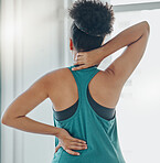 Black woman, neck and back pain at exercise, training or workout for physical development in home. Girl, muscle stress and burnout at gym for fitness, wellness and performance with injury in gym