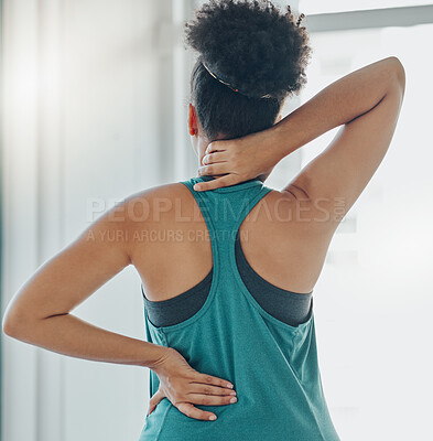 Buy stock photo Black woman, neck and back pain at exercise, training or workout for physical development in home. Girl, muscle stress and burnout at gym for fitness, wellness and performance with injury in gym