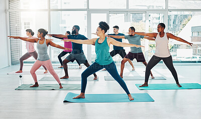 Buy stock photo Yoga instructor, exercise class and fitness people in warrior ir stretching for health and wellness. Diversity men and women  group together for workout, training or pilates for healthy lifestyle