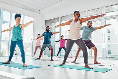 Buy stock photo Yoga class, exercise and fitness people in warrior or stretching for health and wellness. Diversity men and women group together in pilates studio for holistic workout or body balance with zen energy