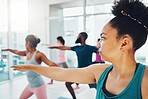 Yoga, exercise class and fitness people in warrior or stretching for health and wellness. Diversity men and women  group together for workout, training or pilates for healthy lifestyle motivation