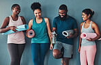 Fitness, laughing and portrait friends at the gym for training, pilates class and happy for exercise at a club. Smile, sports and man with women in a group for a workout, cardio or yoga in a room