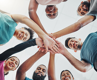 Buy stock photo Fitness group, hands of people portrait from bottom together with united teamwork and happiness. Motivation, circle and exercise support of training team with solidarity, trust and goal celebration