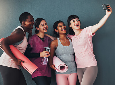 Buy stock photo Fitness, gym and women with phone for selfie excited for workout, exercise goals and training. Sports club, diversity and happy girls with smartphone smile for healthy body, yoga and pilates class