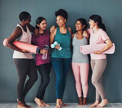 Buy stock photo Yoga women, fitness friends and diversity of pilates class in a gym studio with a exercise and training break. Talking, wellness people and communication of group ready for zen, balance and relax