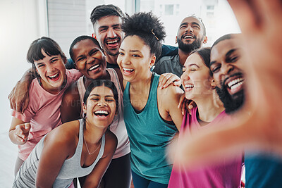 Buy stock photo Fitness, gym and selfie of friends in yoga class excited for workout, exercise and training together. Sports club, diversity and portrait of happy people smile for wellness, health goals and pilates