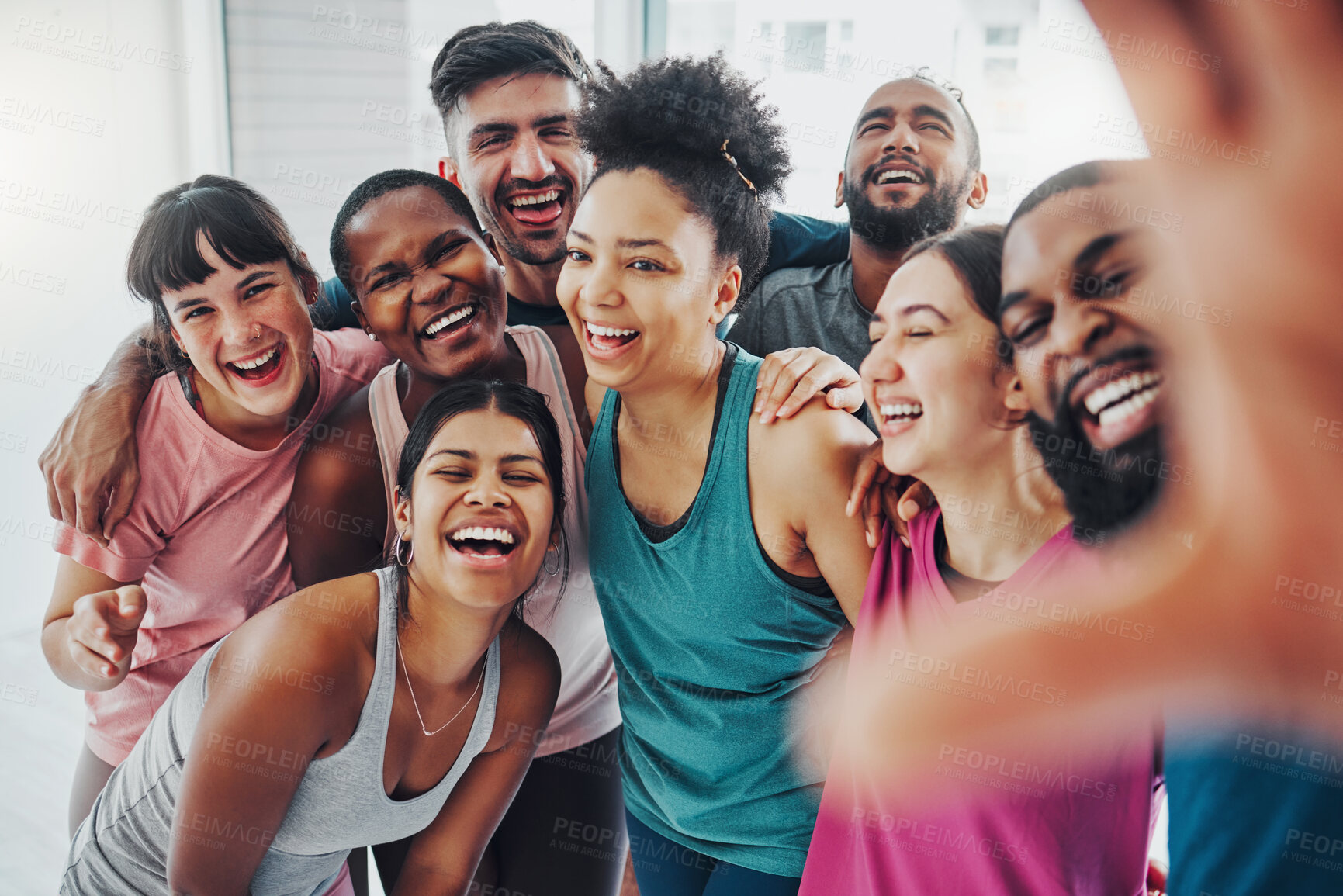 Buy stock photo Fitness, gym and selfie of friends in yoga class excited for workout, exercise and training together. Sports club, diversity and portrait of happy people smile for wellness, health goals and pilates