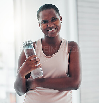 Buy stock photo Portrait, black woman and exercise with water bottle, smile and training for wellness, balance or healthy lifestyle. Face, African American female athlete or lady with liquid, happiness and hydration
