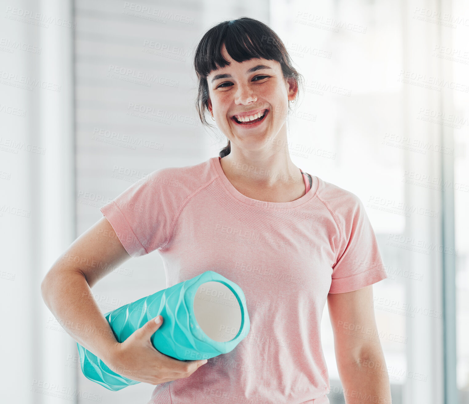 Buy stock photo Portrait, yoga and fitness with a woman in studio for wellness, mental health or inner peace. Exercise, zen and chakra with a happy female standing in gym for faith, mindfulness or spiritual balance