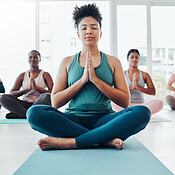 Yoga class, meditation and a black woman doing exercise for fitness ...