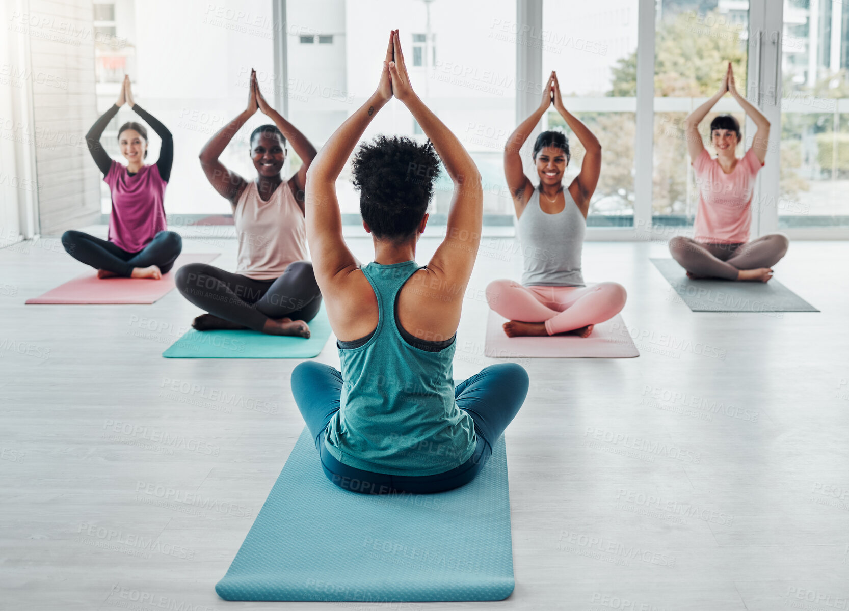 Buy stock photo Diversity women in yoga class for meditation exercise for fitness, peace and wellness. Group and instructor in gym studio for holistic workout, mental health and body balance with zen prayer hands