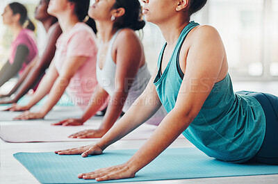 Buy stock photo Stretching exercise, yoga class and healthy women together for fitness, peace and wellness. Hands of group in pilates health studio for holistic workout, mental health and body balance for zen energy