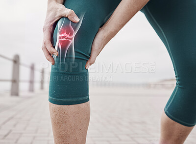 Buy stock photo Closeup of knee injury, woman holding leg or skeleton of exercise and anatomy of joint inflammation. Person exercising, physical pain in muscle and athlete with xray medical emergency in sports