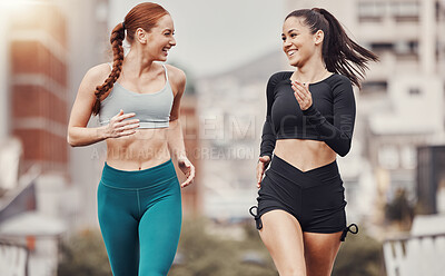 Buy stock photo Runner women, friends and smile together in city for workout, wellness and strong body for teamwork in morning. Woman training group, running and exercise team in metro for support, chat and happy