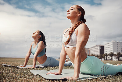 Buy stock photo Yoga, fitness and mental health with woman friends in the park together for a wellness exercise. Exercise, zen and training with a female yogi and friend outside on a grass field for a summer workout