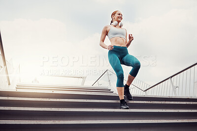 Buy stock photo Fitness, woman and runner on stairs in the city for cardio exercise, training or healthy workout. Active female running and exercising on staircase for intense run or weight loss in an urban town