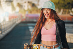 Smile, health and skateboard with woman in city for freedom, sports and relax lifestyle. Training, fitness and sunset with girl walking in urban town enjoying adventure, wellness and energy vacation