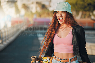 Buy stock photo Smile, health and skateboard with woman in city for freedom, sports and relax lifestyle. Training, fitness and sunset with girl walking in urban town enjoying adventure, wellness and skating vacation