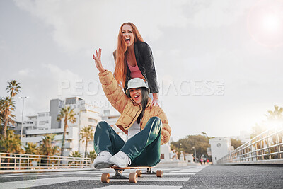 Buy stock photo Fun, energy and portrait of friends on a skateboard for the weekend, bonding and playing in the city. Excited, silly and crazy women skateboarding for funny activity, happiness and playful in Sweden