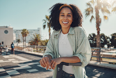 Buy stock photo Portrait, scooter travel and black woman in city with eco friendly transportation outdoors. Technology, transport sustainability and happy female from South Africa with electric moped in street.