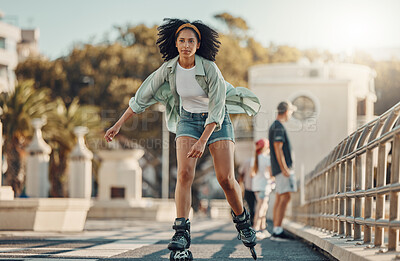 Buy stock photo City, exercise and black woman roller skating for fitness, health and wellness outdoors. Sports practice, training and portrait of young female skater exercising, recreation or workout in street.