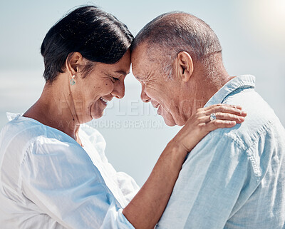 Buy stock photo Mature couple, bonding or forehead touch in hug, love or support trust in garden, backyard or nature. Smile, happy or retirement embrace man and elderly woman for marriage security or life insurance