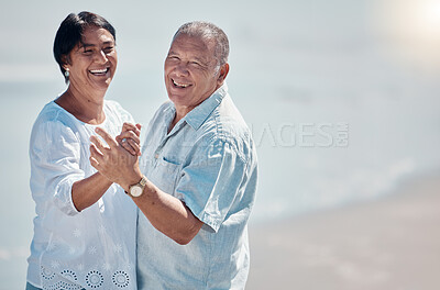 Buy stock photo Senior couple, beach and portrait of dancing with mockup for love, care and date on summer vacation. Happy man, woman and dance at sea with mock up, smile and support in nature, sunshine and marriage