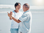 Senior couple, beach and dancing for love, care and romance on summer holiday, vacation and date. Happy man, woman and dance at sea for anniversary, smile and support in nature, sunshine and marriage