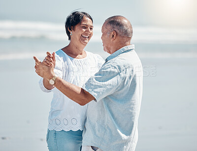 Buy stock photo Senior couple, beach and dancing for love, care and romance on summer holiday, vacation and date. Happy man, woman and dance at sea for anniversary, smile and support in nature, sunshine and marriage