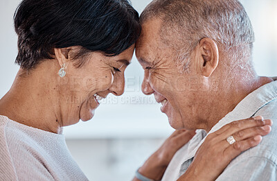 Buy stock photo Senior couple, face and a hug for love with a happy smile, commitment and trust together in home. Old man and woman in healthy marriage with care, support and security for retirement lifestyle