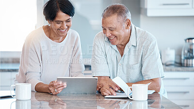 Buy stock photo Happy senior couple, tablet and debt research of elderly people in retirement looking at budget. Digital, finance data and marriage of a Indian woman and man planning for a life insurance policy
