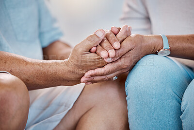 Buy stock photo Senior couple hand holding, support and empathy, trust or helping for mental health problem, death news or therapy. Love, depression and people hands together for psychology, retirement or healthcare