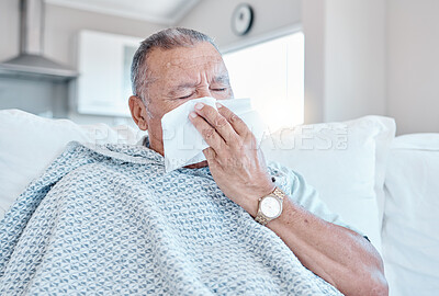 Buy stock photo Sick, allergy and senior man on sofa cleaning his nose with retirement, pension or elderly healthcare at home. Virus, bacteria or allergies risk, sad and tired old person on couch in house self care