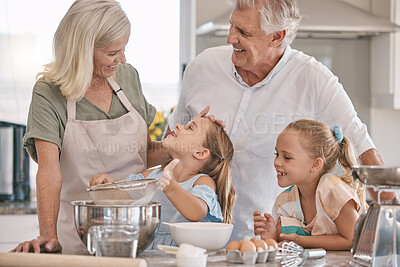 Buy stock photo Baking, love and senior family with children in kitchen care, bond and learning for morning breakfast help. Real people or grandparents and girl kids teaching, cooking and food with child development