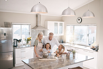 Buy stock photo Baking, senior family and children in kitchen bonding, love and learning in morning with breakfast help. Real people or grandparents and girl kids teaching, cooking and food with home development