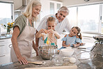 Family, bonding or baking children and eggs, flour or wheat  in kitchen, house or home of pastry, dessert cake or food. Happy, grandparents or cooking kids learning a bakery pudding or cookies recipe