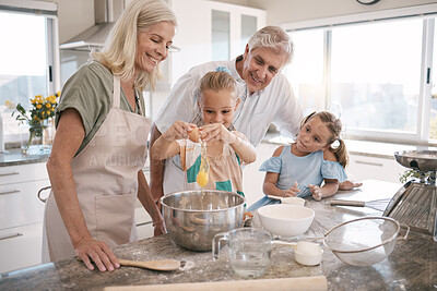 Buy stock photo Family, bonding or baking children and eggs, flour or wheat  in kitchen, house or home of pastry, dessert cake or food. Happy, grandparents or cooking kids learning a bakery pudding or cookies recipe