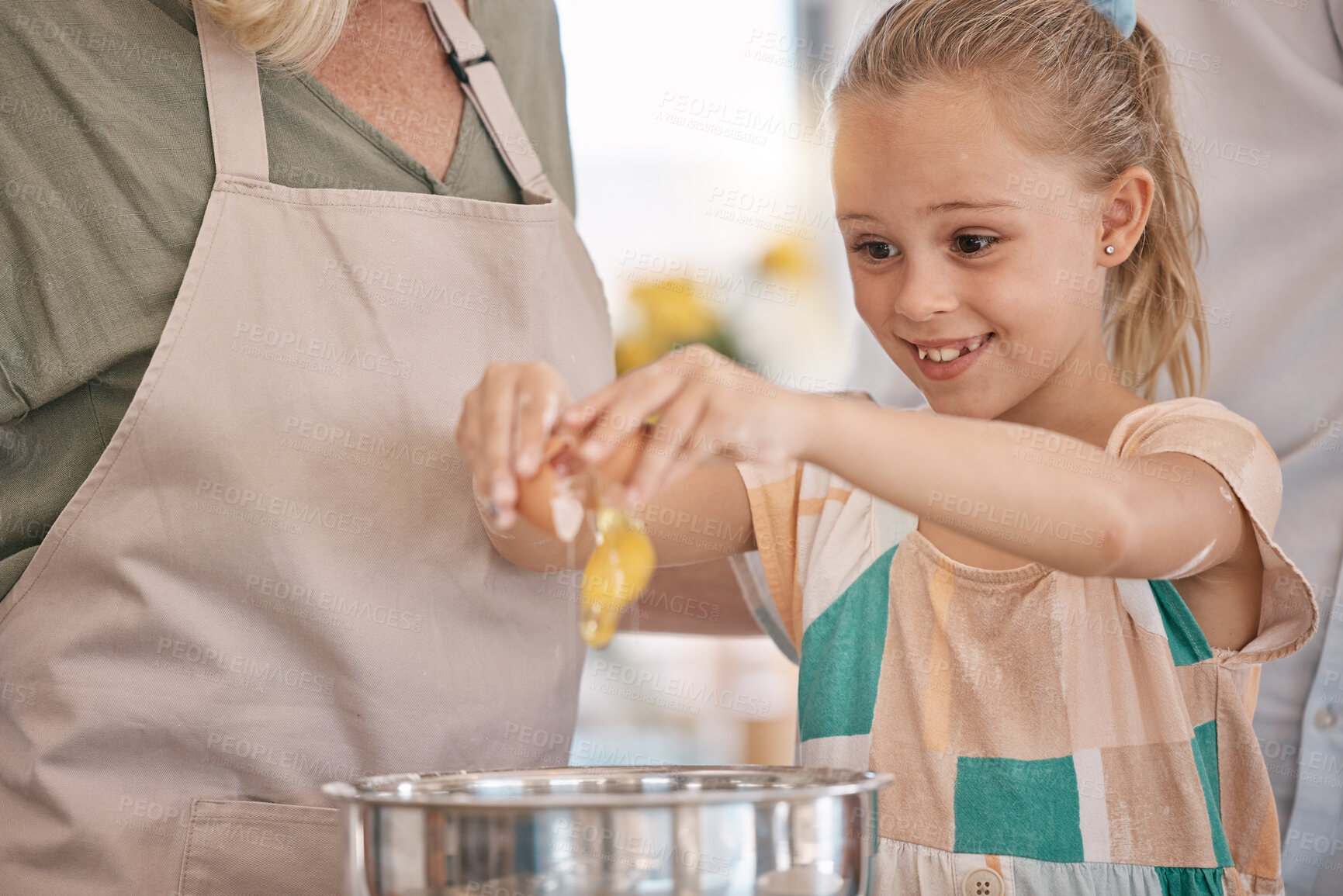 Buy stock photo Child, girl and baking with eggs, grandparent or senior woman in kitchen, bonding house or family home for pastry, dessert cake or food. Happy smile, cooking and kid learning a bakery cookies recipe